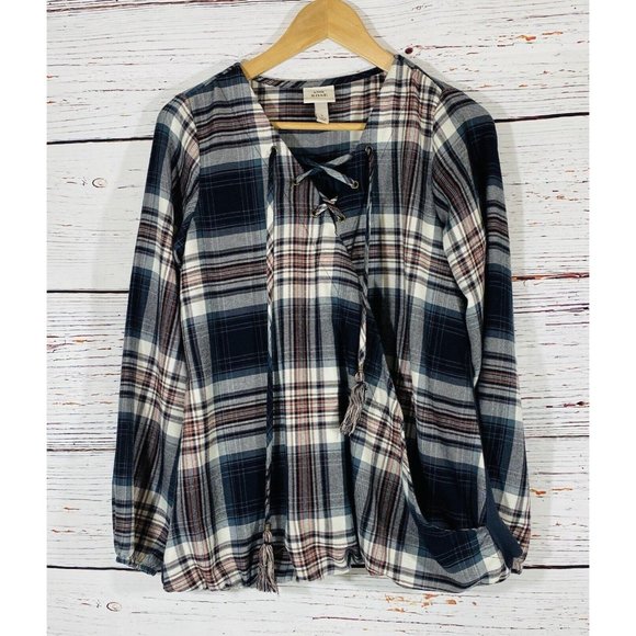Knox Rose Flannel Top Front Wrap Plaid Shirt Boho Blouse Tassels Womens Small - Picture 1 of 12